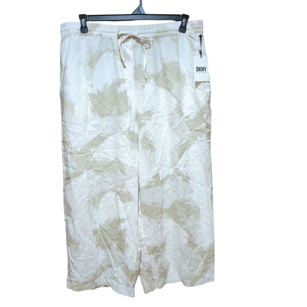 Dkny Pure Linen Drawstring Pull on Ankle Patterned Beige Pants XL NWT Pockets